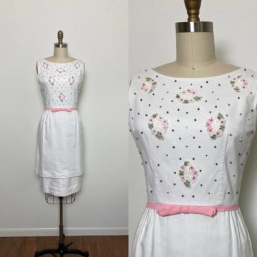 Vintage 1950s Dress 50s Party Dress with Studs Rhinestones Floral Applique 