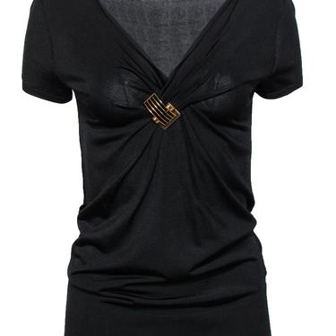 Gucci - Black Gathered-Front V-Neck Short Sleeve Top Sz L