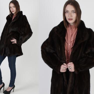 Plush Mahogany Real Mink Fur Winter Coat / Large Dark Brown Fur Shawl Collar Jacket 