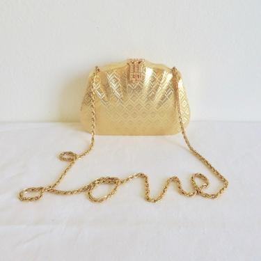 Vintage Italian Gold Metal Hard Case Clutch Purse Convertible Shoulder Chain Rhinestone Clasp Art Deco Style Evening Cocktail Made in Italy 
