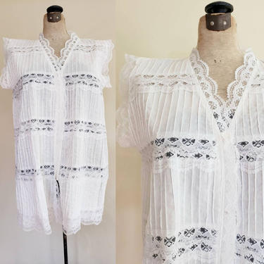 1960s White Pintucked Mexican Lace Blouse Top / 60s Sleeveless Button Down Tunic Shirt Beach Cover Up Lounger / Large / Carley 