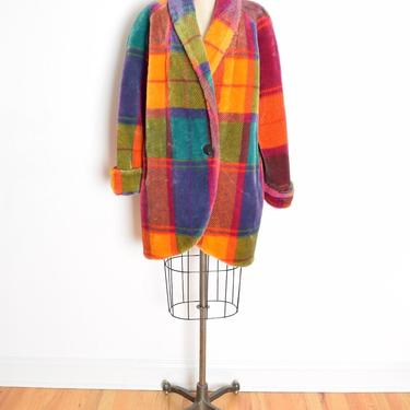vintage 80s coat rainbow plaid faux fur chubby jacket over sized L XL clothing 