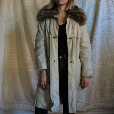 Vintage 60s Genuine Leather &amp; Fur Long Off White Winter Coat Women's Size S M 
