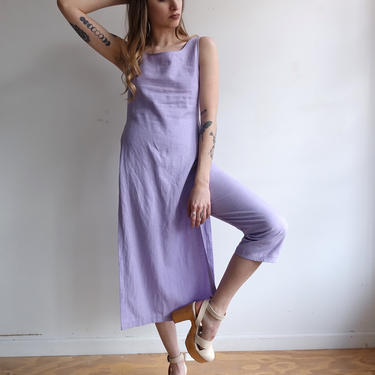Vintage 90s Lavender Two Piece Linen Set/ 1990s Minimalist Trousers and High Cut Tunic / size XS 