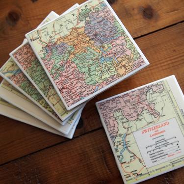1957 Switzerland and Liechtenstein Vintage Map Coasters - Ceramic Tile Set of 6 - Repurposed 1950s Hammond Atlas - Geneva Zurich - Handmade 