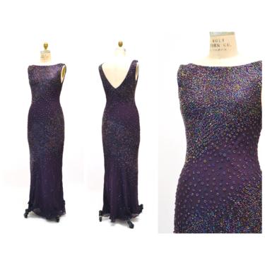 Vintage 90s 2000s Y2K Silk Bias Cut Evening Gown Sue Wong Dress Purple Beaded Bias Cut Dress Silk Chiffon Evening gown Dress Medium Large 