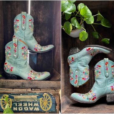 OLD GRINGO Sora Embroidered Leather Cowgirl Boots | Blue Floral Embroidery Shortie Boots | Cowboy Southwestern, Made in Mexico | Size 8 1/2 