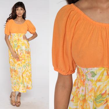 Floral Maxi Dress 70s Peasant Dress Orange Boho Chic Empire Waist Dress 1970s Bohemian Vintage High Waist Short Sleeve Yellow Small Medium 