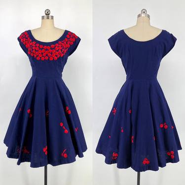 1950s Navy Cotton Embroidered Floral Bouquet Dress 