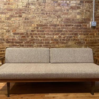 Mid century modern minimalist danish daybed sofa couch bed wood frame new upholstery tan knoll fabric side arms 