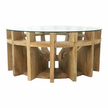 Organic Modern Blonde Wood and Glass Cocktail Table