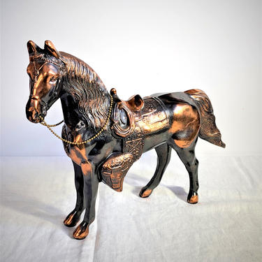 Lg COPPER CARNIVAL HORSE 50s 10x14 Heavy Cast Pot Metal Figurine Detailed Midway Prize Toy Knick Knack Western Collectible Childhood Ex Cond 