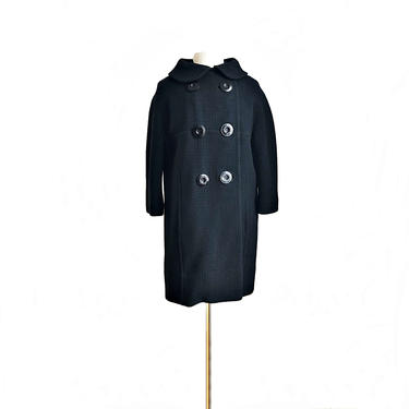 Vintage 50s black wool swing coat/ Peter Pan collar/ Mad Men mod coat/ double breasted/ oversized buttons 