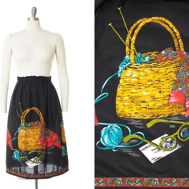 Vintage 1950s Skirt | 50s Knitting Basket Novelty Border Print Black Cotton Full Skirt (xs/small/medium) 