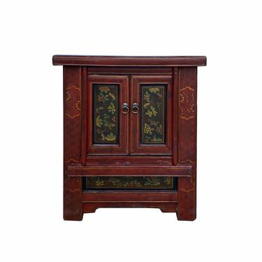 Chinese Vintage Brick Red Flower Graphic End Table Nightstand cs7070E 