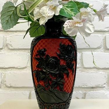 Cinnabar Stone Red and Black Oriental Asian Floral Vase Table Sculpture 