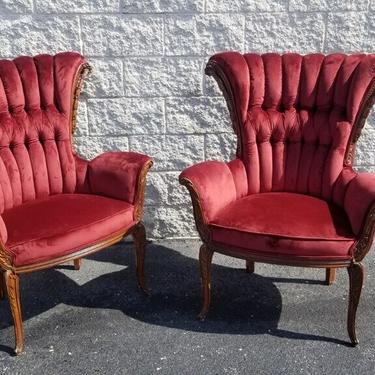 Stunning Antique Ornate  Hand-Carved Wood Frame, Newly Upholstered RED VELVET Tufted Channel Wing Back Queen Anne Style Parlor Chairs