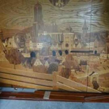 Wood Panels Marquetry Style W/ Inlay Design, Village Scene, Large from Germany!