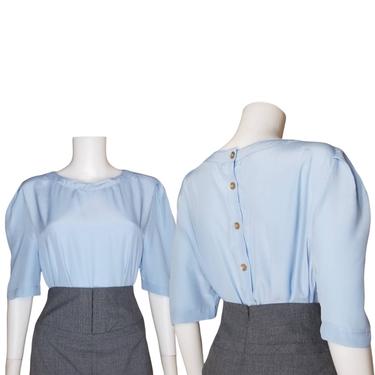 Vintage Pastel Blue Blouse, Large XL / Vintage 1980s Back Button Blouse / Short Sleeve Spring Dress Blouse / Silky Blue Cocktail Blouse 