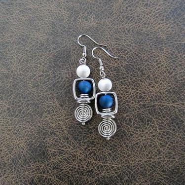 Industrial earrings, blue druzy agate and silver minimalist earrings, mid century modern earrings, unique Art Deco earrings, geometric 