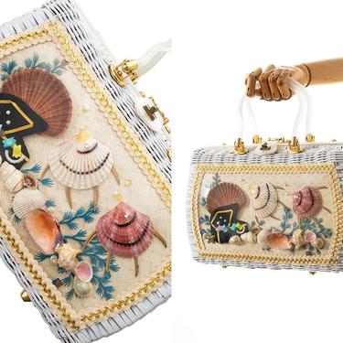 Vintage 1960s Box Purse | 60s PRINCESS CHARMING by ATLAS Novelty Under the Sea Treasure Seashell Sea Shells Wicker Lucite Handle Handbag 