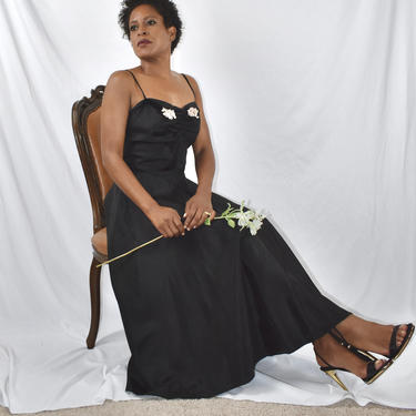 Vintage 1930s Black Taffeta Cocktail Dress with Spaghetti Straps, Ruched Foldover Bust  and Flower Embellishment 