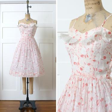 vintage 1950s pink floral sundress • sheer cotton organdy full skirt dress by Saba 