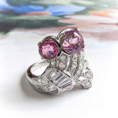 Mid-Century Pink Sapphire and Lavender Kunzite Diamond Flower Bouquet Statement Ring Platinum 