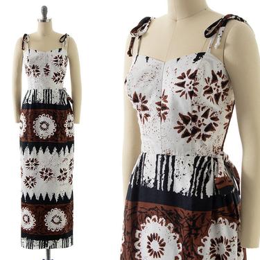 Vintage 1970s Sarong Dress | 70s Hawaiian Tiki Cotton Brown White Color Blocked Spaghetti Strap Wiggle Sheath Maxi Sundress (x-small/small) 