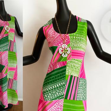 Size Large Vintage MOD Maxi Dress | Psychedelic Hawaiian Tiki Oasis Beach Wedding | Pink Green Hippie Boho Patchwork Print El Pavón Santa Fe 