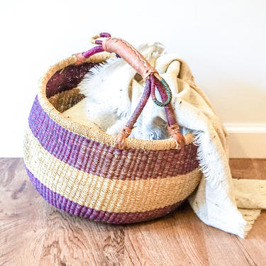 Gorgeous Vintage Purple African Woven Basket with Leather Handle Detail 