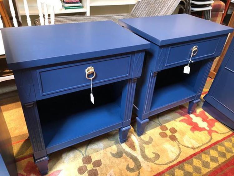 Pair of regency inspired blue painted nightstands 27 high 22 wide 15 deep 