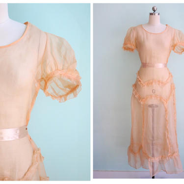Vintage 1930's Apricot Ruffled Organza Dress | Size Extra Small/ Small 