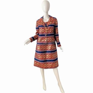 60s The Arkin Collection Brocade Dress Set / Vintage Lion Tapestry Mod Jacket Dress Suit / 1960s Metallic Dress Jacket Suit Large 