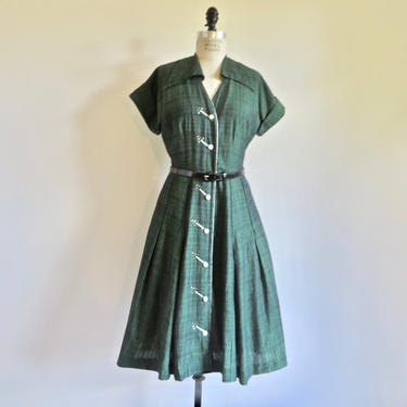 Vintage 1950's Dark Green Fit and Flare Day Dress Rhinestone Trim Patent Belt Full Skirt Rockabilly SwingToni Todd 29&amp;quot; Waist Medium 