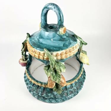 Vintage Italian Ceramic Fruit Majolica Pottery Centerpiece Handled Cover / Art