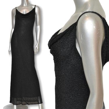 Vintage Black Silk Beaded Full Length Evening Gown 