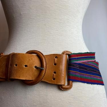 Vintage leather and cotton woven belt~ colorful textile~ adjustable Boho~ wide striped size M, LG, XLG / open size 
