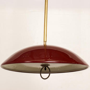 1960s Atomic Modern Perforated Red Saucer Dish Pendant Light Lightolier Made USA 