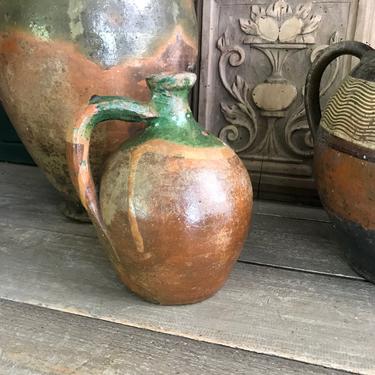 Antique French Pottery Jug, Green Glazed Pitcher, Olive Oil, Rustic Stoneware, Terra Cotta, Wine, Water, Rustic French Farmhouse, Farm Table 
