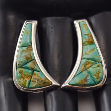 Edgy 80's sterling green turquoise abstract slash stud dangles, heavy 925 silver & stone Modernist statement earrings 
