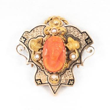 Coral Cameo Taille d'Epargne Enamel Brooch