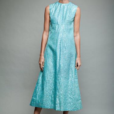 evening dress blue, shiny maxi dress, vintage 60s iridescent blue A-line empire sleeveless S (34&quot; bust) - Small 