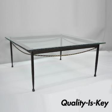 Brutalist Giacometti Style Forged Iron and Rippled Glass Square Coffee Table