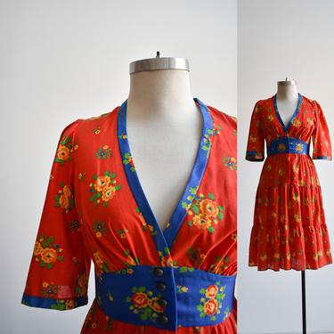 1970s Red Floral V Neck Prairie Dress 
