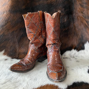 Vtg 60s Justin Brown Algonquin-Style Full Reptile Diamond Quilted Upper Cowboy Boots / Western Ranchwear / Size 9 Mens / Size 11 Womens 