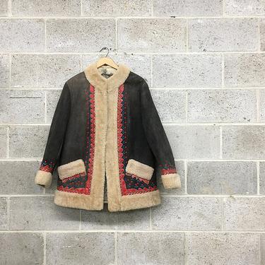 Vintage Shearling and Suede Coat Retro Embroidered Dark Gray and Off-White Long Sleeve Winter Jacket Fall Fashion 