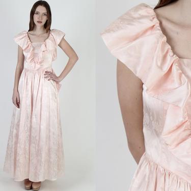 Vintage 80s Gunne Sax Pink Satin Maxi Dress / Ruffle Shoulder Southern Belle Dress / Floral Jessica McClintock Romantic Prom Gown Maxi 