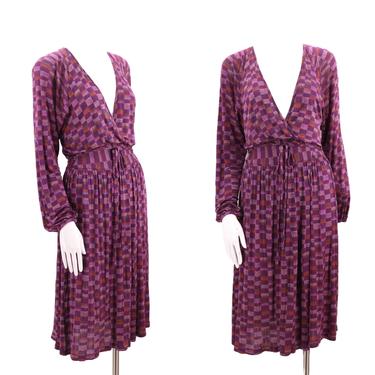 70s silk jersey MISSONI print wrap dress M / vintage 1970s slinky knit purple designer tie dress size medium 