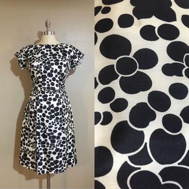 60s Wiggle Dress with Mod Black and White Floral Print 